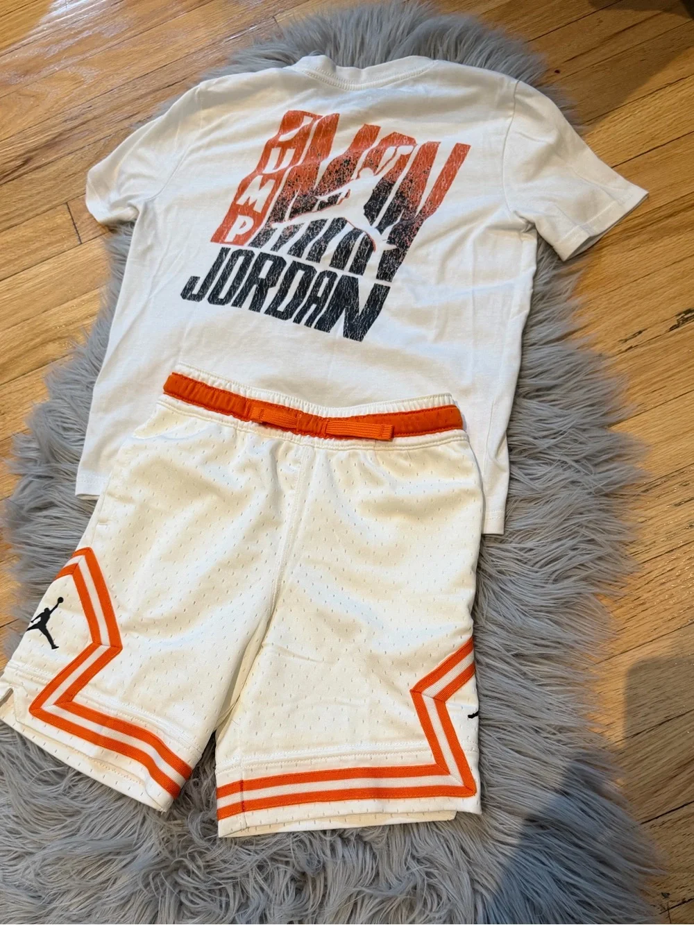 Jordan White Tee with Orange-Trim Mesh Shorts